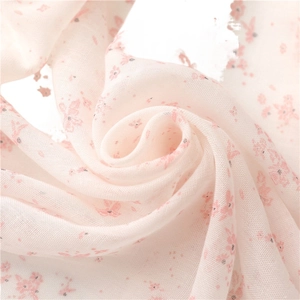 Lightweight pink floral cotton linen shawl scarf with delicate fringe tassels for women