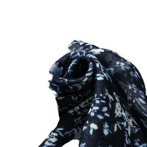 Vintage floral scarf in navy blue with fringe details and elegant pattern