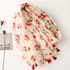 Lightweight cherry print scarf with red tassels, casual summer shawl accessory