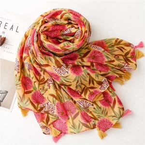 Floral print cotton linen scarf with tassels in ginger yellow for women's spring fashion