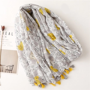 Fresh heart print linen scarf with grey tassels and yellow floral patterns for women