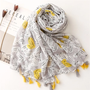 Fresh cotton linen scarf with heart print and yellow tassels for spring summer travel