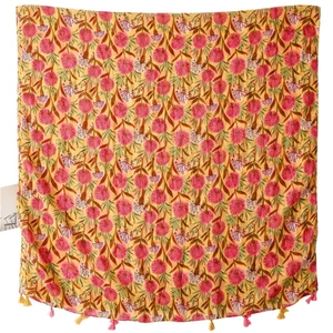 Floral print cotton linen scarf in yellow and pink with decorative fringe edges