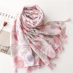 Pink floral cotton linen scarf with tassels, featuring realistic flower prints for women