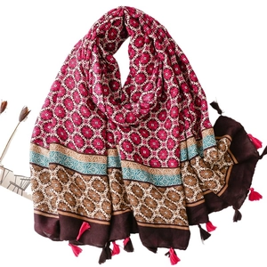 Bohemian oversized thick warm scarf with floral geometric patterns and tassel fringe edge