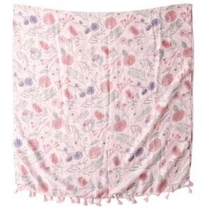 Pink floral cotton linen scarf with daisy print and elegant fringe edges for women