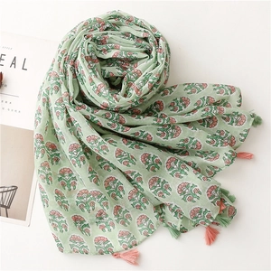 Lightweight floral cotton linen scarf with tassels for women, sweet mint green style