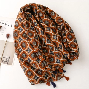 Bohemian floral cotton linen scarf with tassels and geometric patterns for women