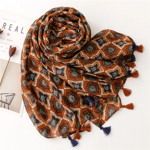 Retro orange floral cotton linen scarf with tassels and bohemian geometric patterns