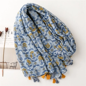 Floral print cotton linen scarf with tassels, lightweight summer shawl in light blue color