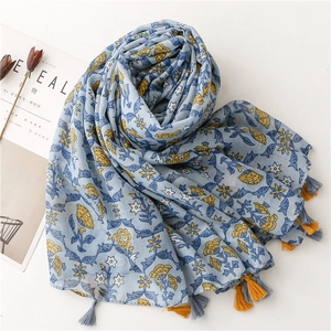 Light blue floral cotton linen scarf with yellow tassels for summer travel shawl