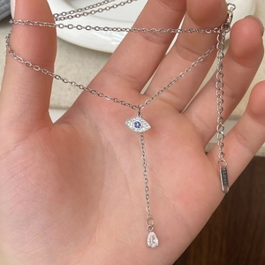 Women Evil Eye Stainless Steel Zirconia Pendant Necklace Blue Zircon Water Drop Tassel Elegant Y Shape Jewelry Accessory