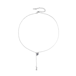 Silver stainless steel evil eye pendant necklace with long tassel and zircon water drop