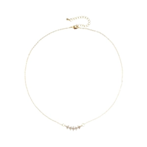Minimalist gold necklace with a curved row of sparkling cubic zirconia pendant on white