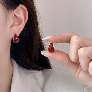 Minimalist U-shaped red enamel drop earrings with gold-plated copper finish for women
