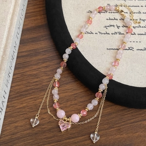 Pink Crystal Beaded Necklace With Heart Pendant And Dangling Chains Gold Plated Fashion Jewelry For Women