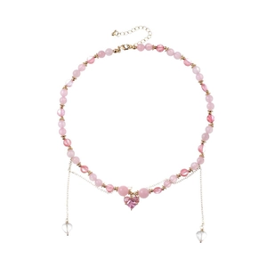 Pink natural stone beaded necklace featuring a heart pendant and delicate tassel chains