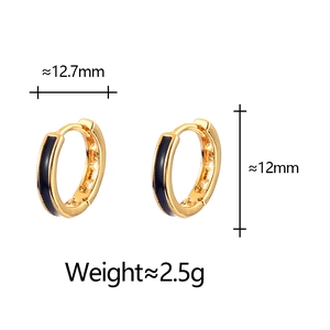 Detail view of gold hoops with black enamel showing 12.7mm diameter and weight specs