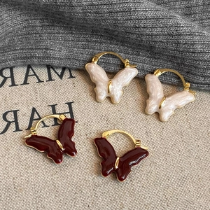 Butterfly Hoop Earrings Copper Enamel Oil Drip French Retro Vintage Elegant Jewelry For Women