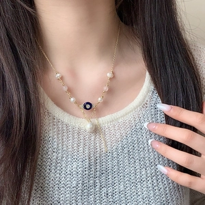 Collier Pendentif Œil Mauvais Avec Künstliche Perle Baroque Et Pierre Naturelle Rose Cuivre Plaqué Or Pompon Bijoux Femme Bohème