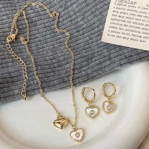 Heart Necklace Earrings Copper Mother Of Artificial Pearl Shell Cubic Zirconia Gold Plated 925 Sterling Silver Earring Post