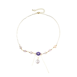 Collier doré multicouche avec perles, pierre naturelle rose et pendentif œil de protection