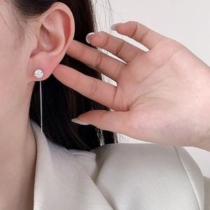 Minimalist geometric round zircon tassel earrings with long chain on model side profile
