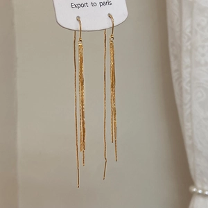 Long gold tassel earrings with minimalist metal box chains for women in 2024 trendy style
