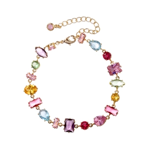 Rainbow crystal candy bracelet with multi-colored gemstones and gold-plated chain link