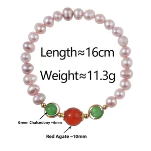 Detailed shot of freshwater pearl bracelet with red agate and green chalcedony beads