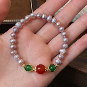Natural freshwater pearl bracelet with red and green gemstone beads for women