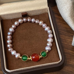 Freshwater Pearl Bracelet With Red Agate And Green Chalcedony Retro Chinese Style Beaded Jewelry For Women Elegant