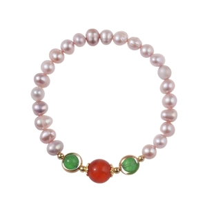Elegant natural freshwater pearl bracelet with red cinnabar and green jade accents