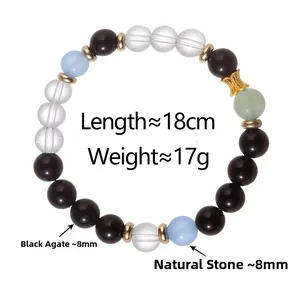 Detailed view of 8mm black agate and natural stone beaded bracelet with 18cm length specs