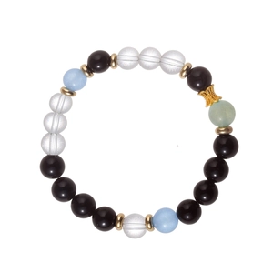 8mm natural aventurine and black agate beaded elastic bracelet with gold accents