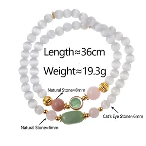 Bracelet double couche en œil de chat avec pierres naturelles roses et détails dorés