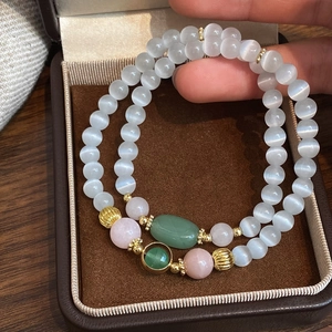 Bracelet Perles Œil De Chat Style Chinois Rose Gemme Verte Alliage Bijoux Élégants Pour Femmes