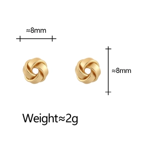 Gold plated knot stud earrings with matte finish and size specifications 8mm x 8mm