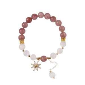 Strawberry quartz and white crystal beaded bracelet with zircon star daisy pendant