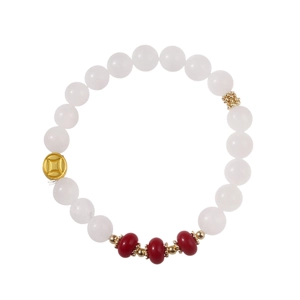 Natural white agate and green chalcedony beaded bracelet with golden charm for women