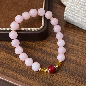 Natural Pink Rose Quartz Strawberry Crystal Beaded Bracelet Gold Plated Alloy Spacers Ethnic Style Jewelry For Women
