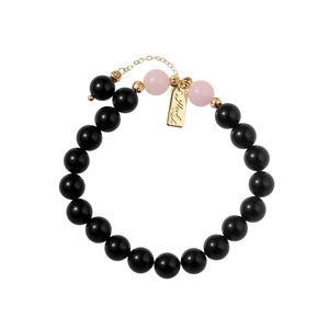 Bracelet en quartz fraise et perles noires avec plaque dorée gravée Hortense