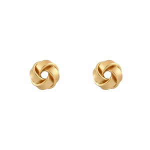Minimalist matte gold interlocking knot earrings with brushed finish on white background