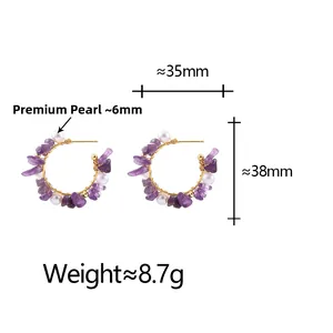 Detail showing dimensions of handmade bohemian gold wire earrings with purple stones