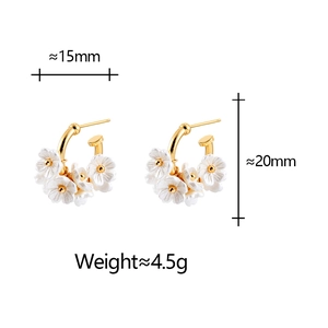 Detailed view of floral shell petal hoop earrings with dimensions 15mm by 20mm and weight 4.5g