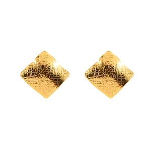 Irregular geometric square gold earrings with cross-hatch texture and concave design
