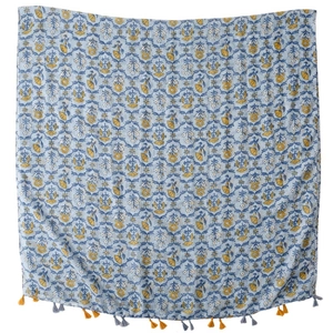 Floral cotton linen scarf with primrose print and fringe trim for summer travel shawl