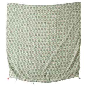 Light green cotton linen scarf with floral elephant pattern and tassel edges