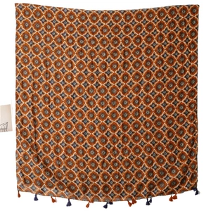 Floral cotton linen scarf with tassels featuring vintage orange geometric patterns