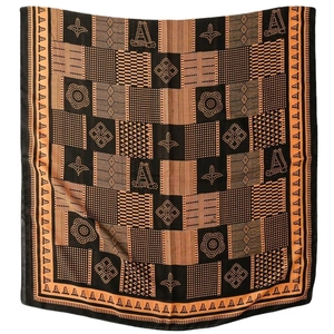 Châle toucher coton-lin noir et orange avec motifs géométriques et imprimés vintage